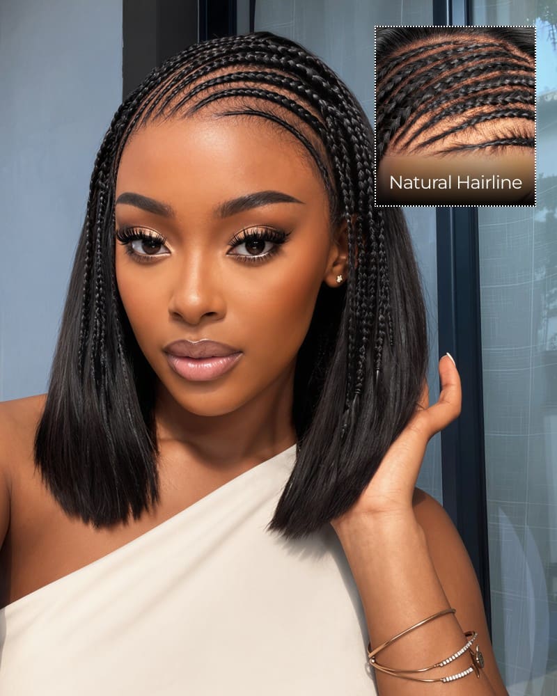 Arabella Hair Arabella Fulani Cornrow Braids Wig Tyla Braided Bob Natural Black 13x5 Lace Frontal Straight Bob Wig