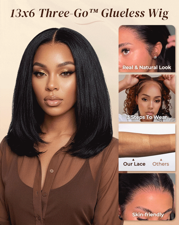 Arabella 13x6 Three-Go™ 250% High Density Straight Bob Invisible Knots Natural Black Glueless Beginner Friendly