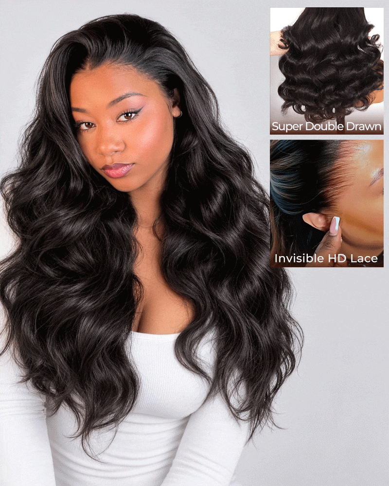 Arabella 13x6 Zerowear™ Invisible HD Lace Glueless Wig 300% High Density Super Double Drawn Body Wave Natural Black 100% Human Hair