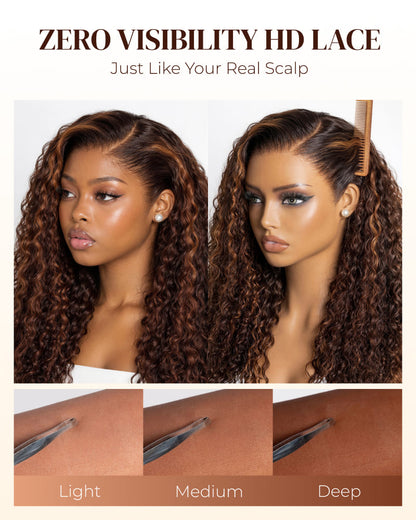 Arabella Zerowear™ 13x6 Invisible HD Lace Glueless Wig Water Wave With Drawstring Dark Brown Highlights 100% Human Hair Wig