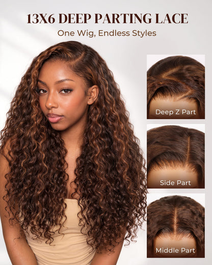 Arabella Zerowear™ 13x6 Invisible HD Lace Glueless Wig Water Wave With Drawstring Dark Brown Highlights 100% Human Hair Wig