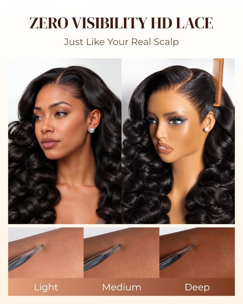 Arabella Zerowear™ Invisible HD Lace Glueless Wig 13x6 Lace Natural Black Bouncy Curl Wig 100% Human Hair