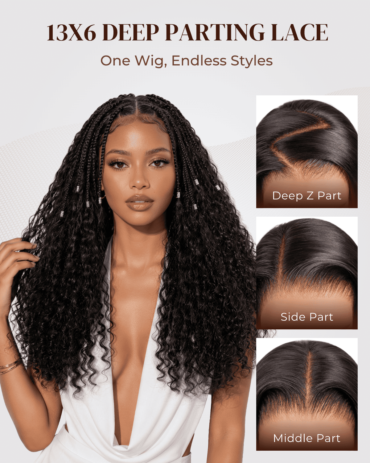 Arabella Zerowear™ Invisible HD Lace 250% High Density Knotless Box Braids 13x6 Lace Frontal Boho Deep Curly Wig Glueless Wig With Drawstring Natural Black 100% Human Hair Wig