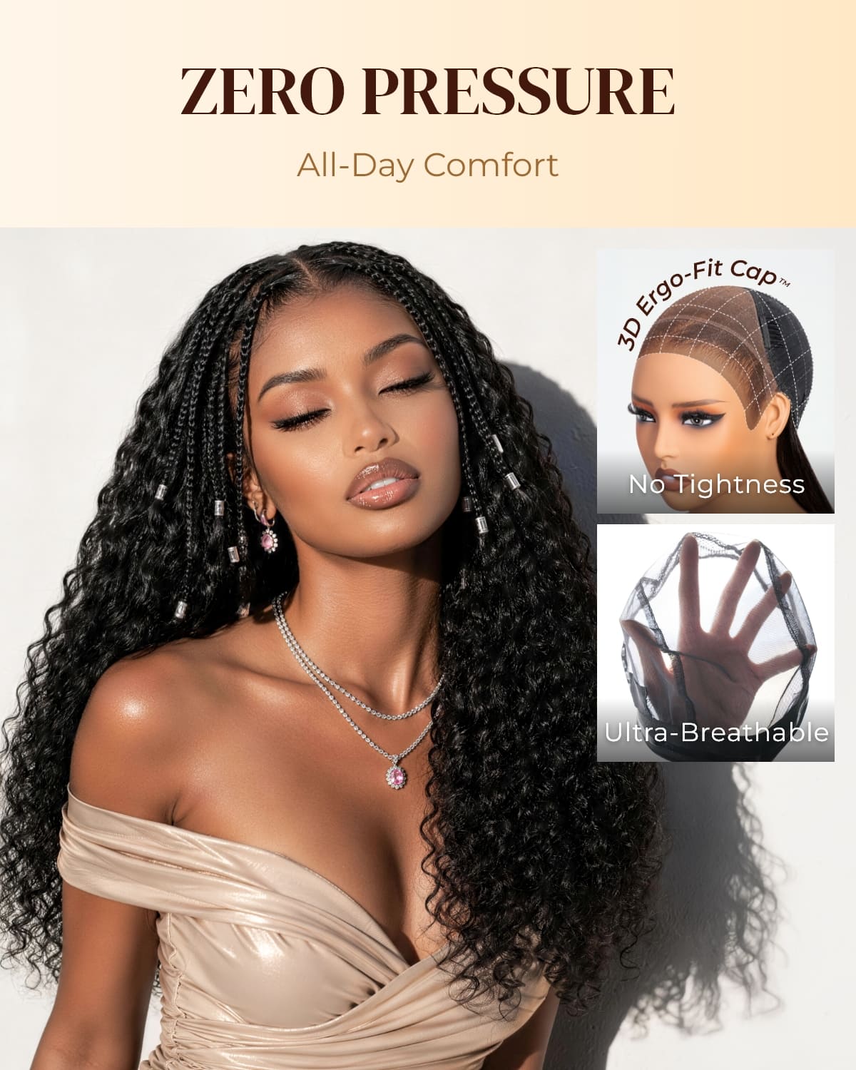 Arabella Zerowear™ Invisible HD Lace 250% High Density Knotless Box Braids 13x6 Lace Frontal Boho Deep Curly Wig Glueless Wig With Drawstring Natural Black 100% Human Hair Wig