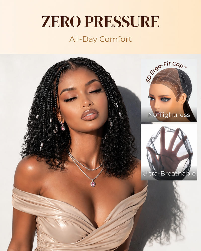 Arabella Zerowear™ Knotless Box Braids 14 Inches 13x6 HD Lace Frontal Boho Deep Curly Glueless Bob Wig With Drawstring Natural Black 100% Human Hair