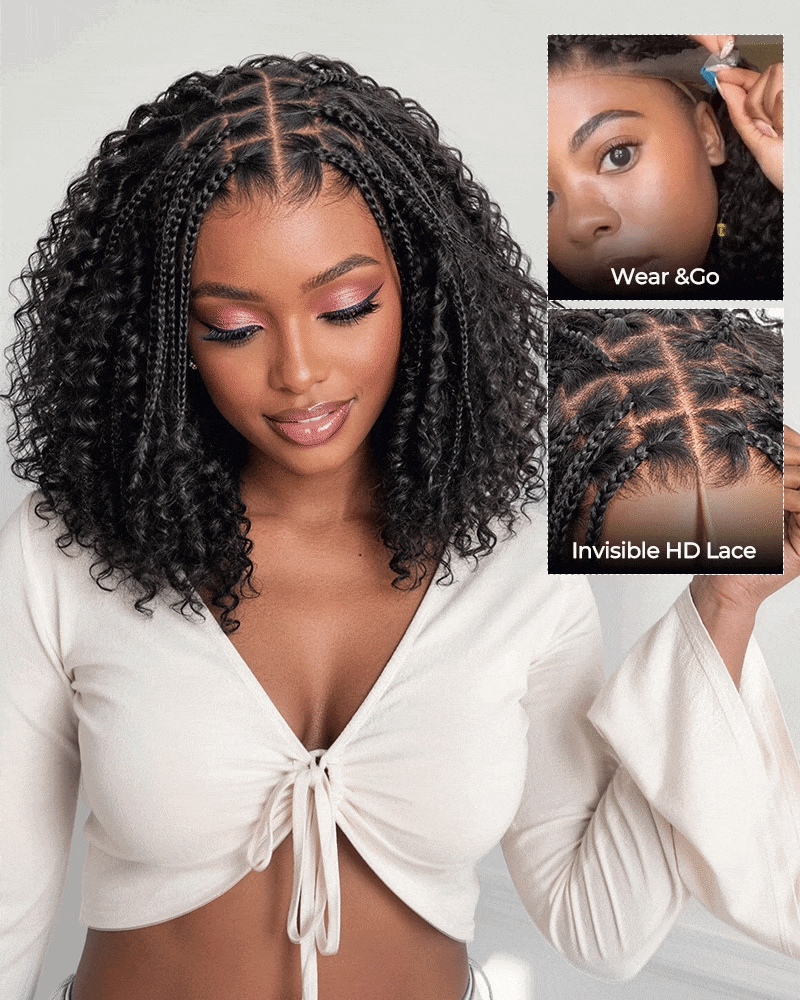 Arabella Hair Arabella Zerowear™ Knotless Box Braids 14 Inches 13x6 HD Lace Frontal Boho Deep Curly Glueless Bob Wig With Drawstring Natural Black 100% Human Hair