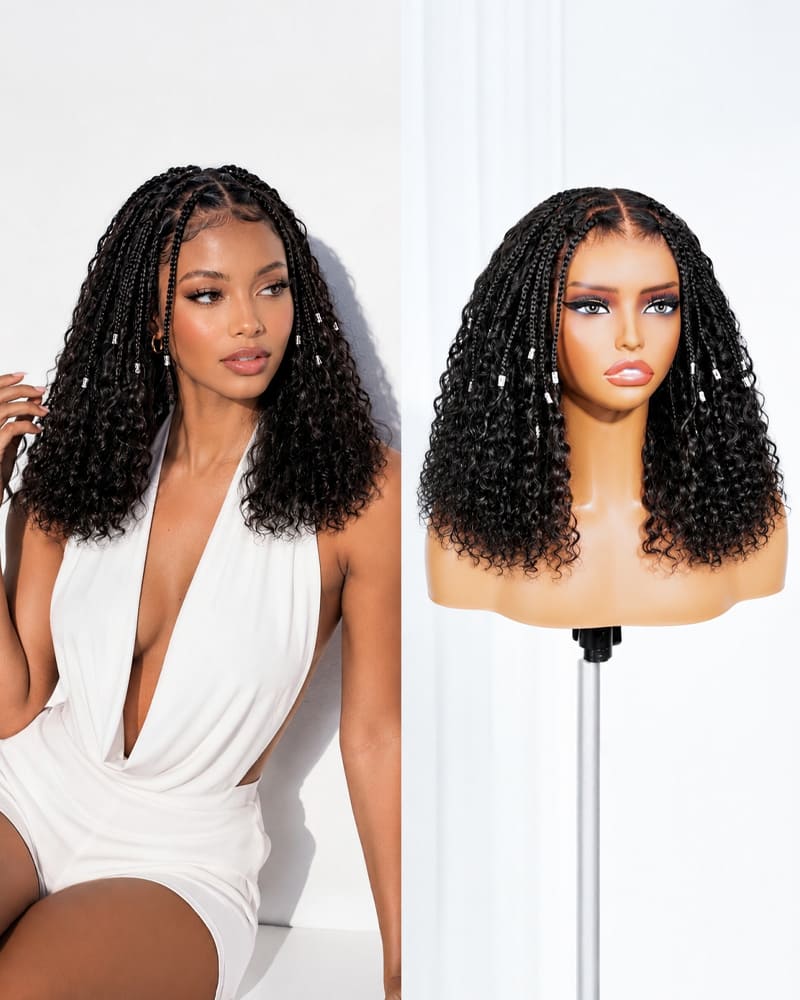 Arabella Zerowear™ Knotless Box Braids 14 Inches 13x6 HD Lace Frontal Boho Deep Curly Glueless Bob Wig With Drawstring Natural Black 100% Human Hair