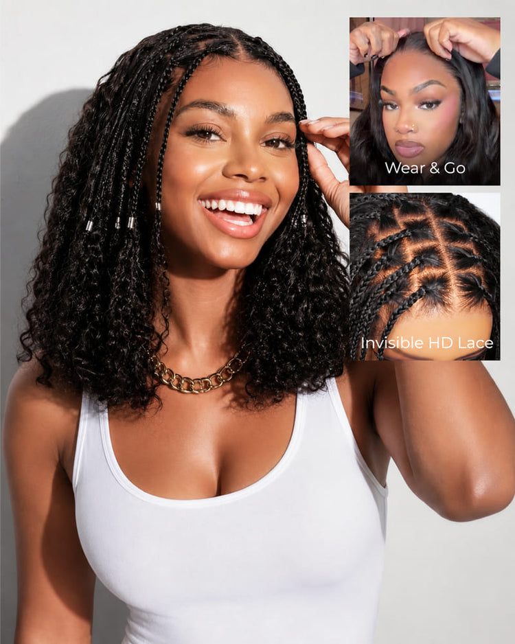 Arabella Zerowear™ Knotless Box Braids 14 Inches 13x6 HD Lace Frontal Boho Deep Curly Glueless Bob Wig With Drawstring Natural Black 100% Human Hair