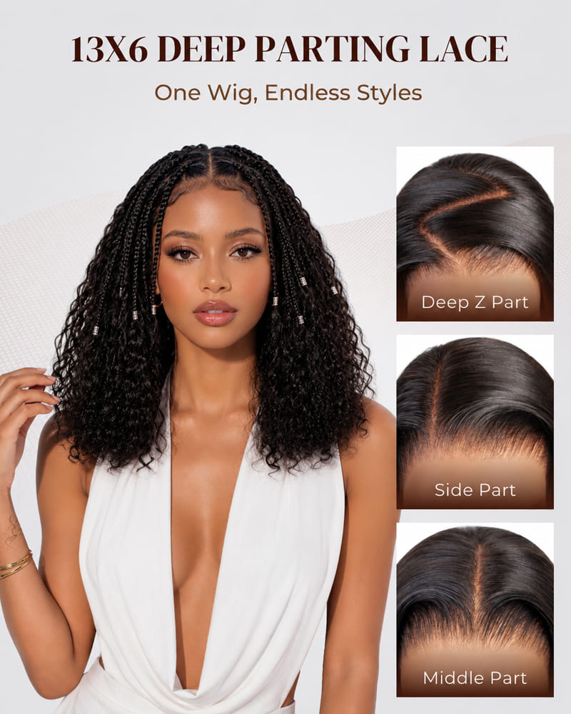 Arabella Zerowear™ Knotless Box Braids 14 Inches 13x6 HD Lace Frontal Boho Deep Curly Glueless Bob Wig With Drawstring Natural Black 100% Human Hair