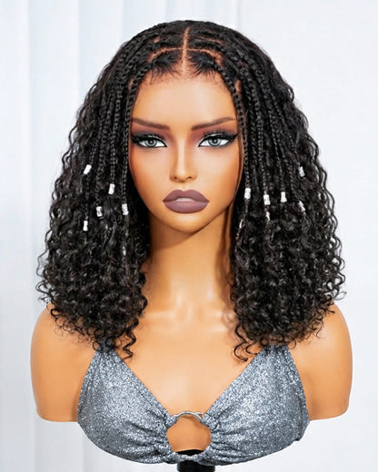 Arabella Zerowear™ Knotless Box Braids 14 Inches 13x6 HD Lace Frontal Boho Deep Curly Glueless Bob Wig With Drawstring Natural Black 100% Human Hair
