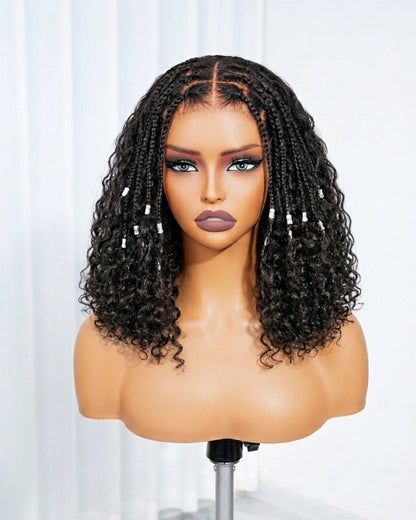 Arabella Zerowear™ Knotless Box Braids 13x6 HD Lace Frontal Boho Deep Curly Glueless Wig With Drawstring Natural Black 100% Human Hair