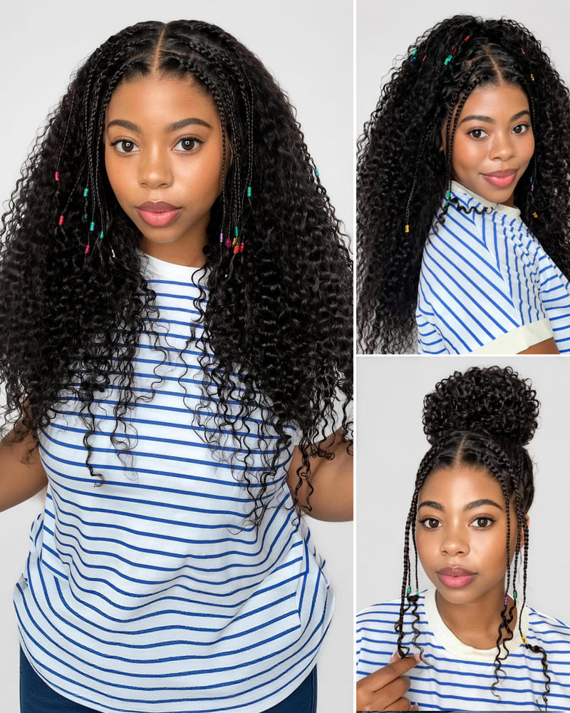 Arabella Zerowear™ Knotless Box Braids 13x6 HD Lace Frontal Boho Deep Curly Glueless Wig With Drawstring Natural Black 100% Human Hair