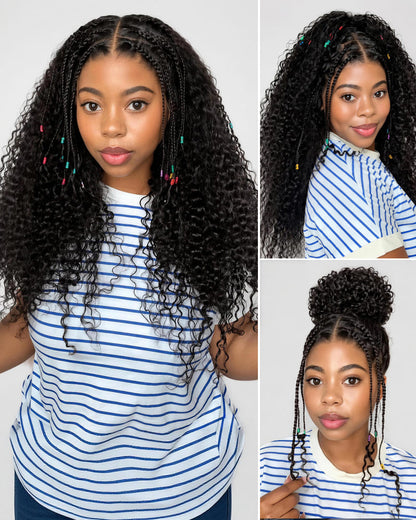 Arabella Zerowear™ Knotless Box Braids 13x6 HD Lace Frontal Boho Deep Curly Glueless Wig With Drawstring Natural Black 100% Human Hair