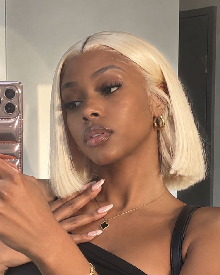 Arabella 6x5 Invisible Knots Glueless &amp; 13x4 Frontal Lace Straight Bob Wig Pre-cut Lace 613 Blonde Beginner Friendly