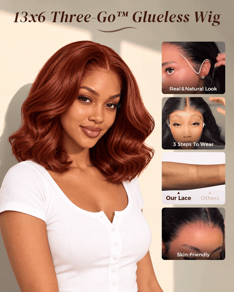 Arabella 13x6 Three-Go™ 280% High Density Body Wave Bob Invisible Knots Reddish Brown Glueless Beginner Friendly