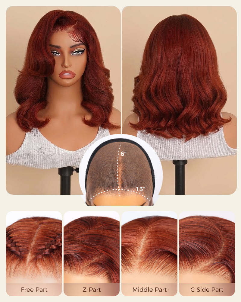 Arabella 13x6 Three-Go™ 280% High Density Body Wave Bob Invisible Knots Reddish Brown Glueless Beginner Friendly