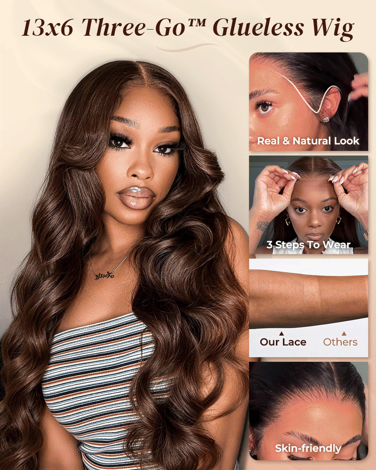 Arabella 13x6 Three-Go™ Chocolate Brown Glueless Wig Body Wave With Drawstring 100% Human Hair Wig