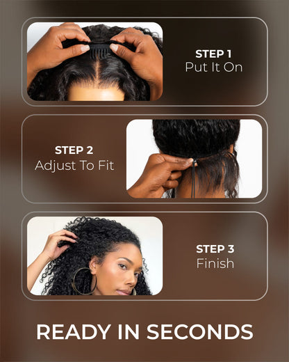 Arabella 3 In 1 Half Wig Afro Kinky Curly Wig Invisible Drawstring Natural Black Endless Styles No Glue No Lace Install