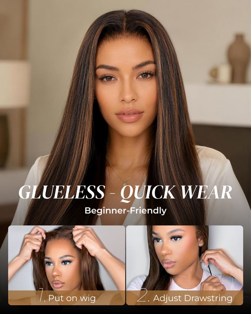 【BOGO】Arabella 6x5 invisible knots Glueless Auburn Highlights on Black Hair Body Wave Wig Invisible Knots Realistic Hairline