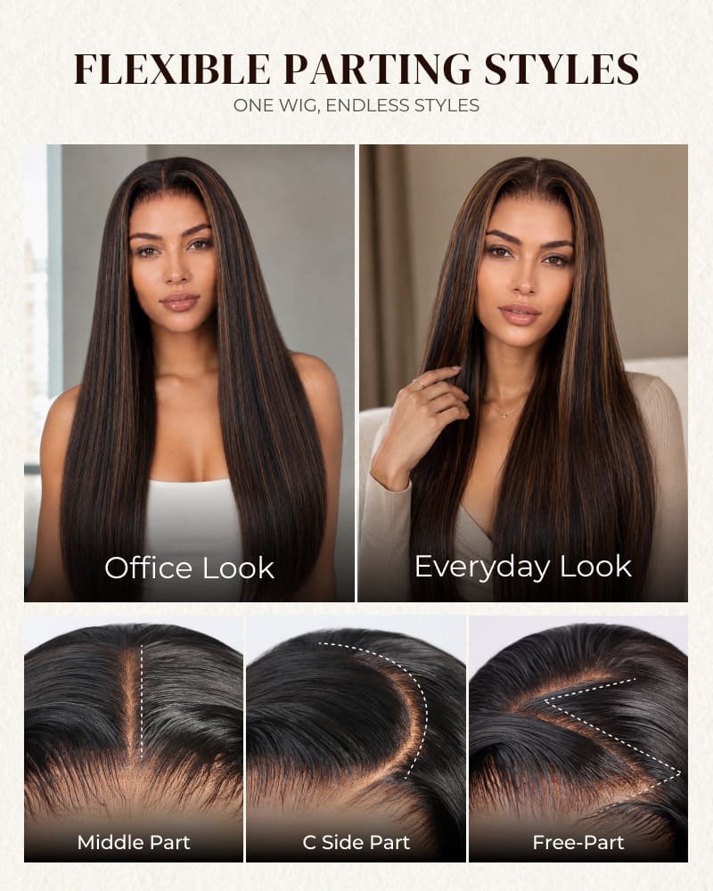 【BOGO】Arabella 6x5 invisible knots Glueless Auburn Highlights on Black Hair Body Wave Wig Invisible Knots Realistic Hairline