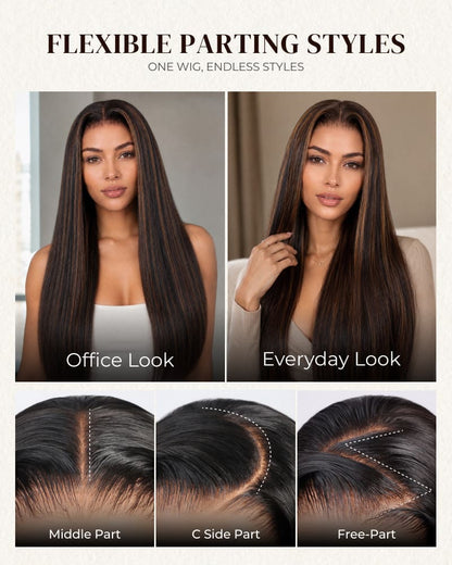 【BOGO】Arabella 6x5 invisible knots Glueless Auburn Highlights on Black Hair Body Wave Wig Invisible Knots Realistic Hairline
