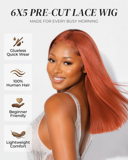 Arabella 6x5 Invisible Knots Glueless Ginger Brown Straight Bob Wig Pre-cut Lace Beginner Friendly