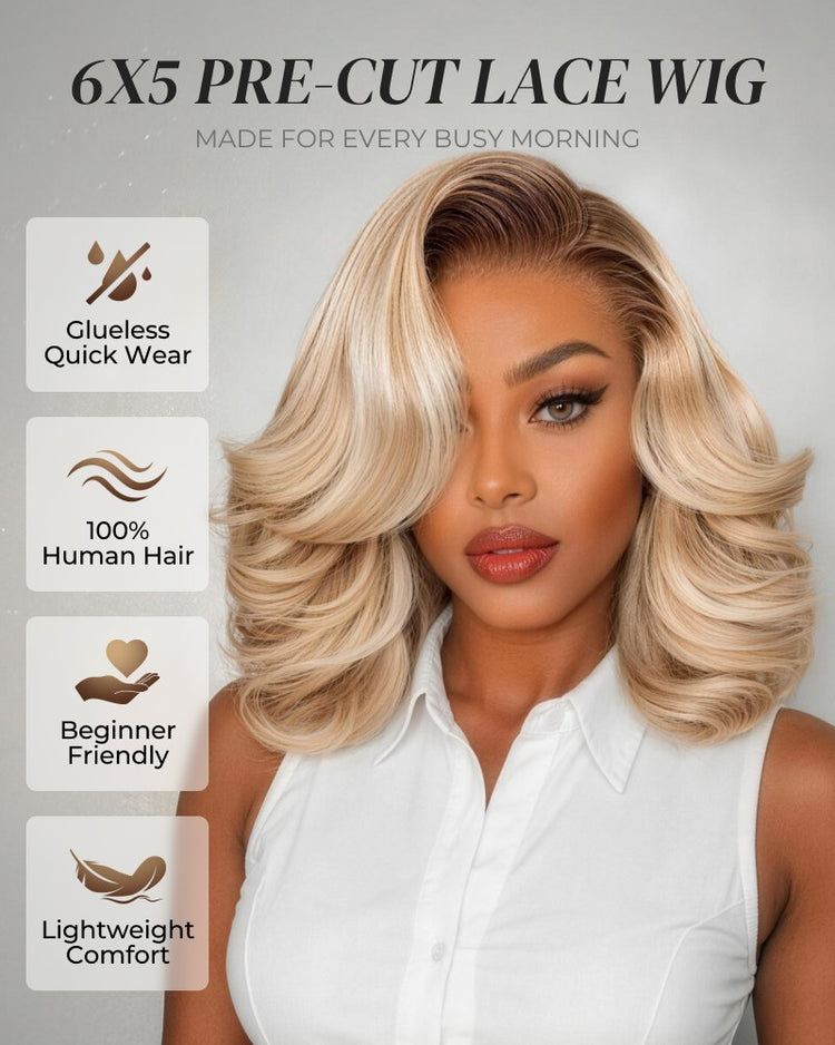 Arabella 6x5 invisible knots Glueless Loose Body Wave Bob Wig Pre-cut Lace Brown Blonde Ombre Beginner Friendly
