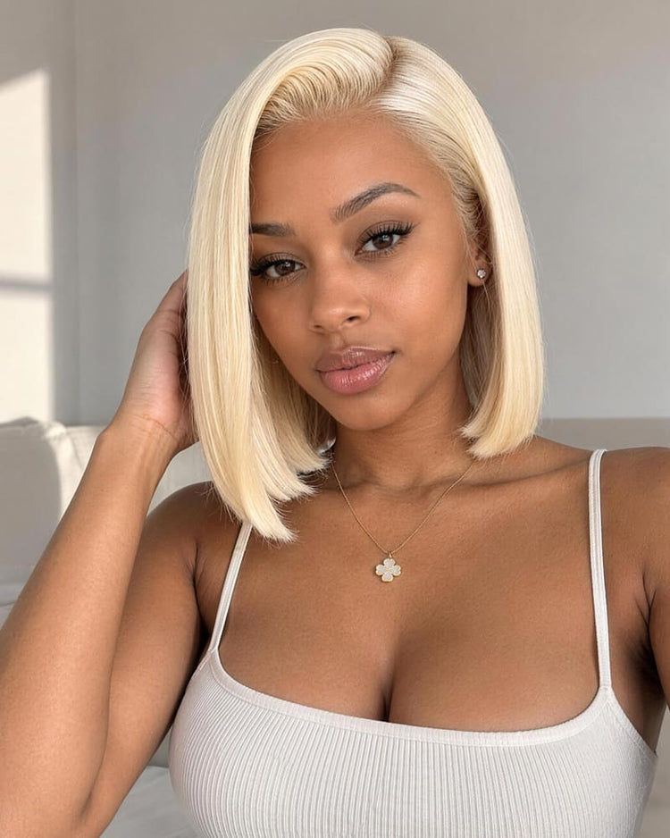 Arabella 6x5 Invisible Knots Glueless &amp; 13x4 Frontal Lace Straight Bob Wig Pre-cut Lace 613 Blonde Beginner Friendly