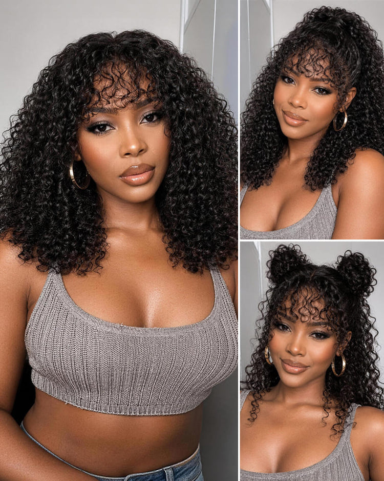Arabella 6x6 Lace T Part Deep Curly Bob Wig with Bangs Natural Black Glueless Wig Invisible Knots