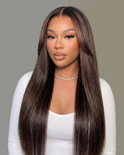 Arabella 6x5 invisible knots Glueless Auburn Highlights on Black Hair Body Wave Wig Invisible Knots Realistic Hairline