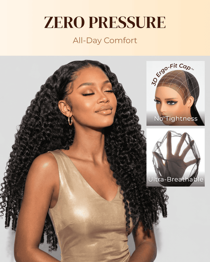 Arabella Zerowear™ 13x6 Invisible HD Lace Glueless Wig Jerry Curly with Burmese Curly With Drawstring Natural Black 100% Human Hair Wig