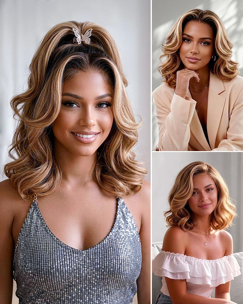 Arabella Hair Arabella 13x6 Three-Go™ 280% High Density Ombre Highlight Honey Blonde Glueless Wig Loose Body Wave Bob Wig With Drawstring
