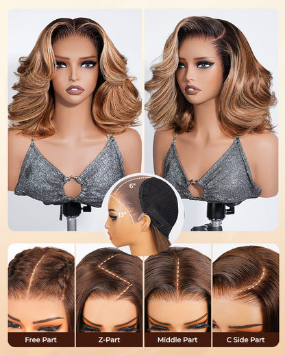 Arabella 13x6 Three-Go™ 250% High Density Ombre Highlight Honey Blonde Glueless Wig Loose Body Wave Bob Wig With Drawstring