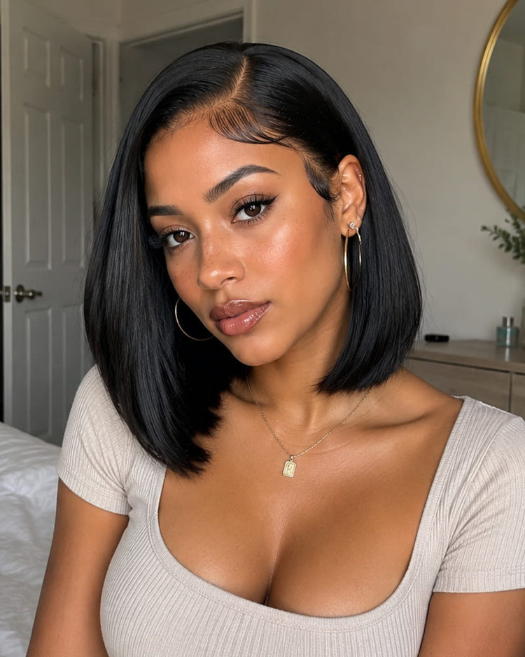 Arabella 13x6 Three-Go™ 250% High Density Straight Bob Invisible Knots Natural Black Glueless Beginner Friendly