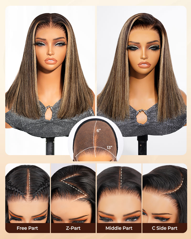 【BOGO】Arabella 13x6 Three-Go™ 250% High Density Ombre Platinum Blonde Balayage Highlights Old Money Bob Glueless Wig Straight Bob Wig  With Drawstring