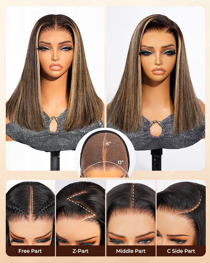【BOGO】Arabella 13x6 Three-Go™ 250% High Density Ombre Platinum Blonde Balayage Highlights Old Money Bob Glueless Wig Straight Bob Wig  With Drawstring