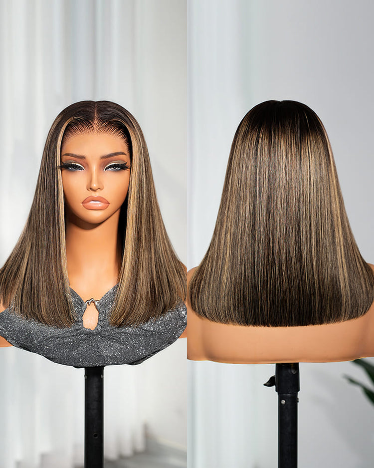 Arabella 13x6 Three-Go™ 250% High Density Ombre Platinum Blonde Balayage Highlights Old Money Bob Glueless Wig Straight Bob Wig  With Drawstring