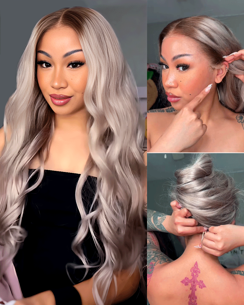 Arabella 13x6 Pre-All Glueless Ash Blonde Ombre Loose Body Wave/Silky Straight Wig Invisible Knots Realistic Hairline