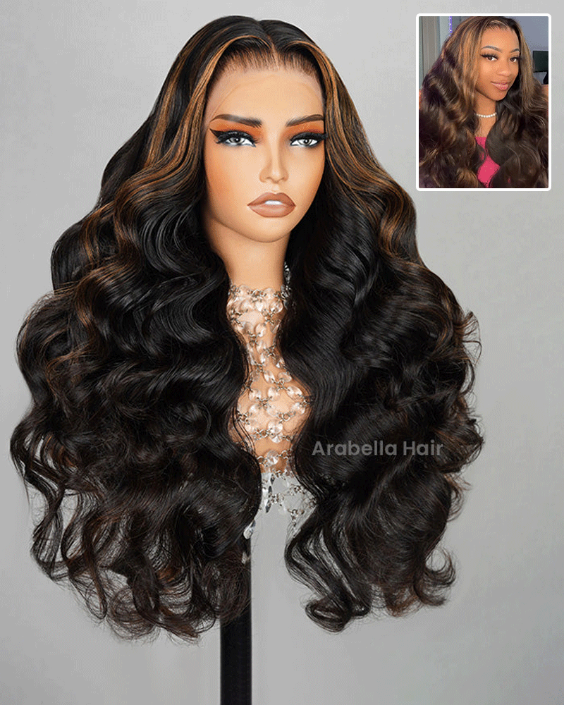Arabella 13x4/6x5 Lace Glueless Auburn Highlights on Black Hair Body Wave Wig Invisible Knots Realistic Hairline