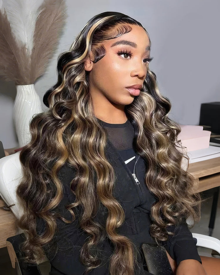 000Arabella 6x5 invisible knots Glueless Balayage Highlight Colored Wig Loose Deep Wave Wig Pre-cut Lace Beginner Friendly