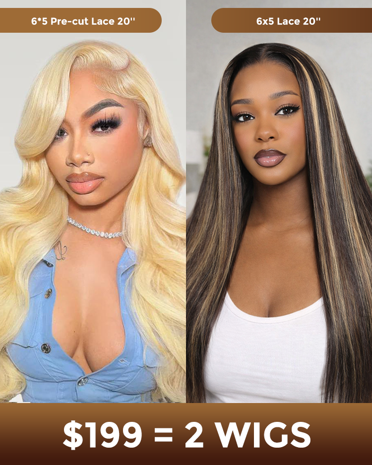 $199 = 2 WIGS | 20inch 6x5 Glueless Body Wave 613 Blonde Plus 20inch 6x5 Glueless Straight Balayage Highlights