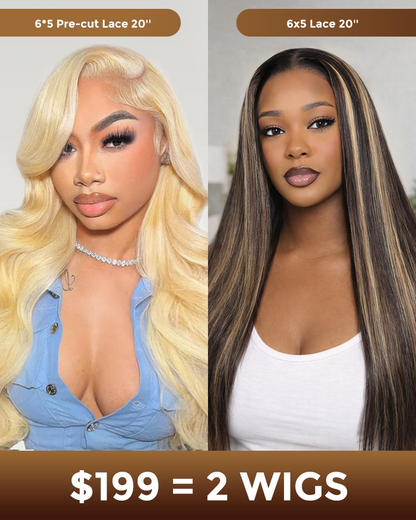 $199 = 2 WIGS | 20inch 6x5 Glueless Body Wave 613 Blonde Plus 20inch 6x5 Glueless Straight Balayage Highlights