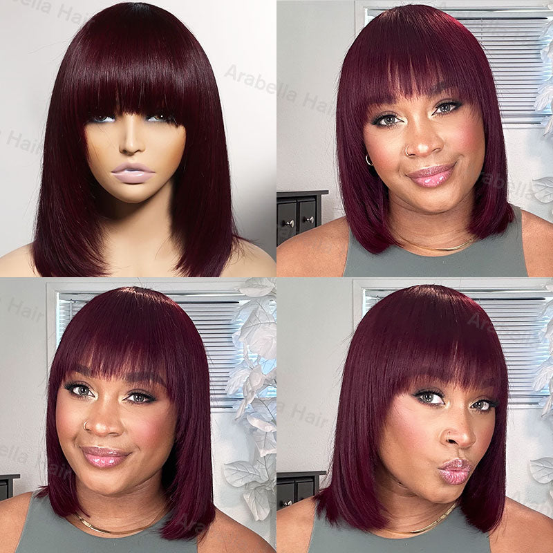 Reddish Purple Burgundy Layered Cut Straight Bob Wig with Bangs - Non-Lace Machine Made Colored Human Hair Wigs