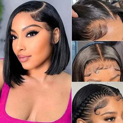 Short Bob 13x4 Lace Front Natural Black Human Hair Wig Free Part