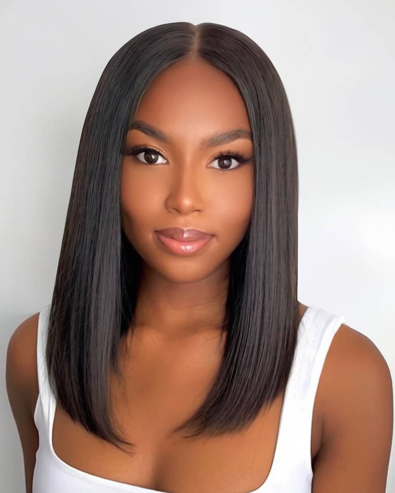 Straight Bob Natural Black 6X6 T Part Lace Front Double Drawn Human Hair Wig