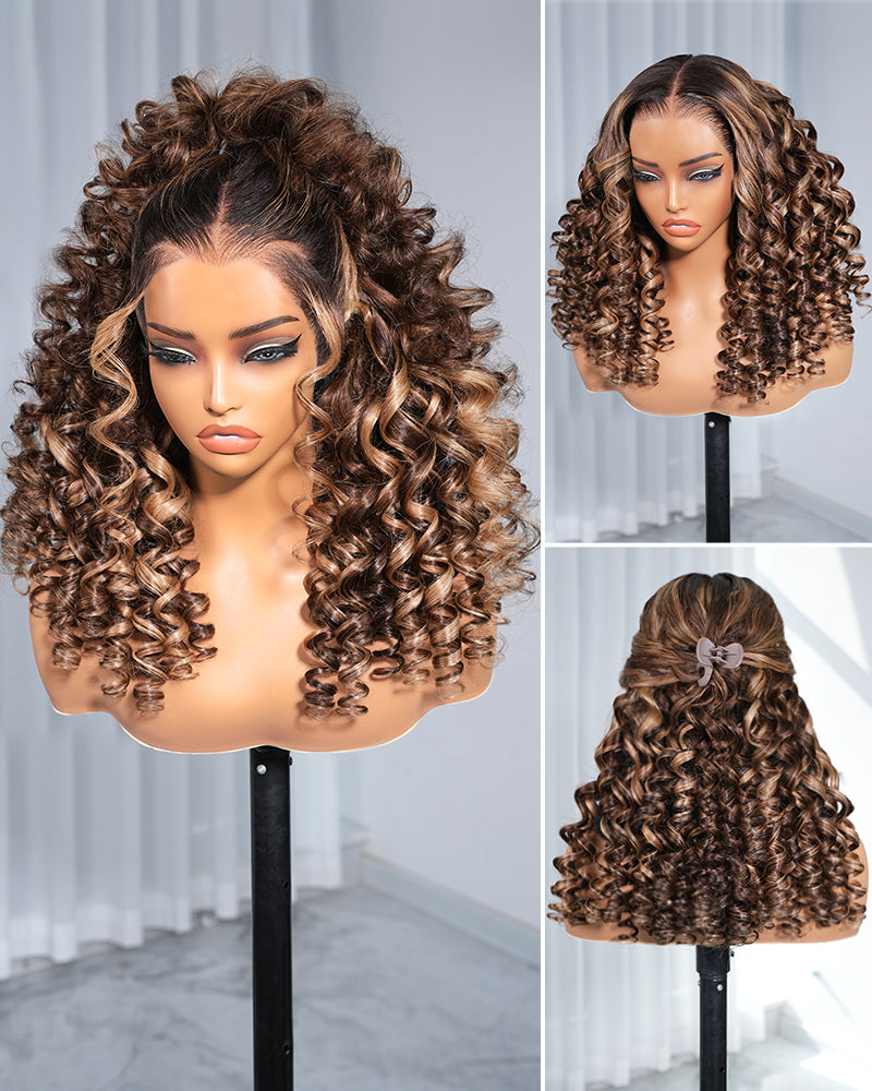 Arabella 13x6 Three-Go™ Ombre Highlight Honey Blonde Glueless Wig Wand Curl With Drawstring 100% Human Hair Wig