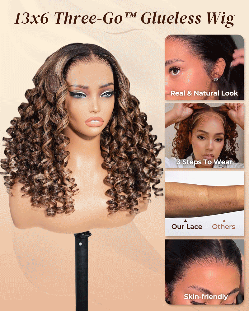 Arabella 13x6 Three-Go™ Ombre Highlight Honey Blonde Glueless Wig Wand Curl With Drawstring 100% Human Hair Wig