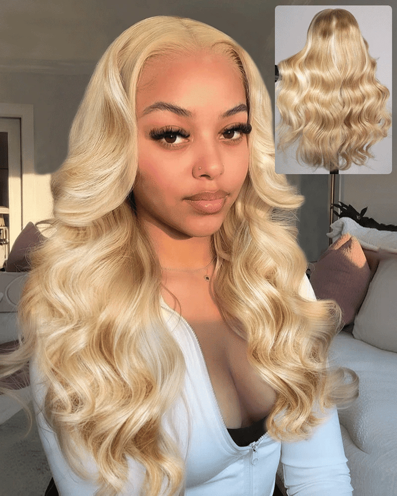 Arabella 13x6 Three-Go™ Extra Long Blonde Khaki Highlight Glueless Loose Body Wave With Drawstring 100% Human Hair Wig