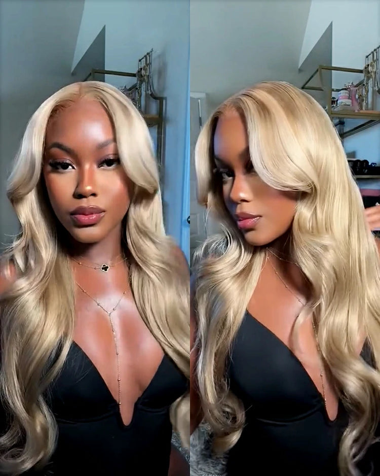 13x6 lace long body wave blonde wig front &amp; side view arabella hair