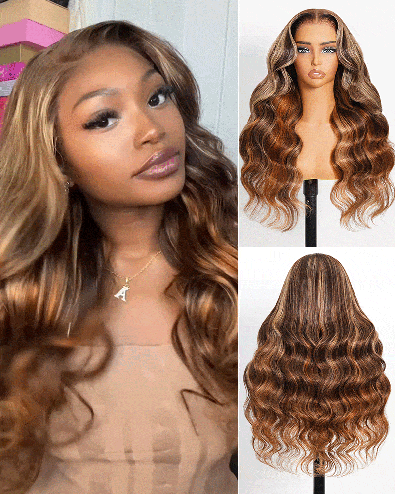 Arabella 13x6 Three-Go™ Brown Ombre Highlights Glueless Wig Loose Body Wave With Drawstring 100% Human Hair Wig